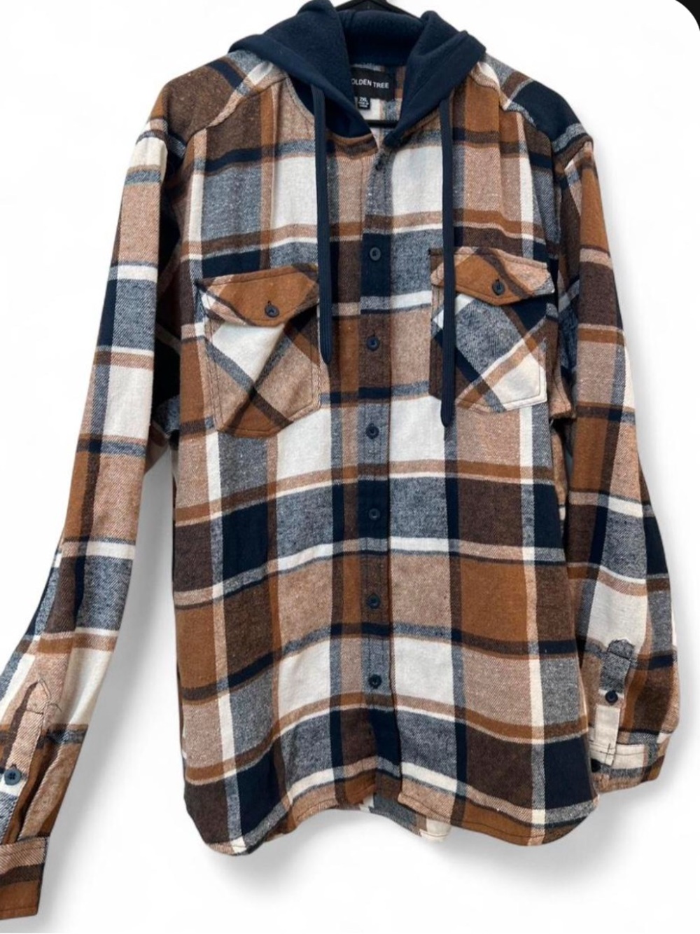 Unknown Brand Men’s Hooded Plaid Flannel Button-Down Shirt - Brown/Navy/White